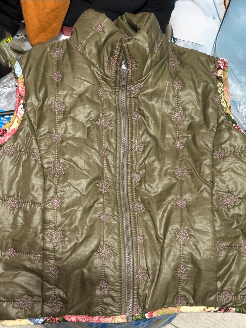 Rare Botique Girls Olive Quilted Sleeveless Vest with Floral Trim